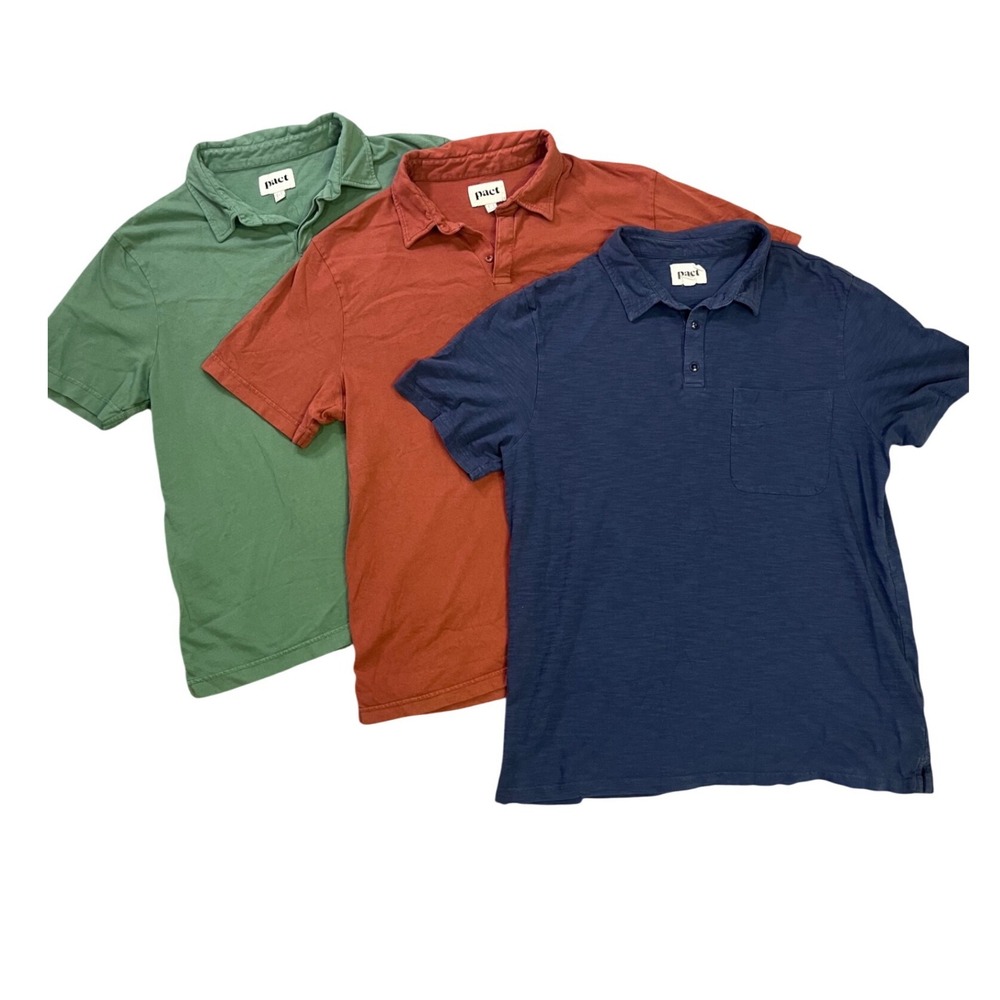 Pact Mens Organic Cotton Short Sleeve Polo Shirts Bundle 3-Pack Size Large Blue